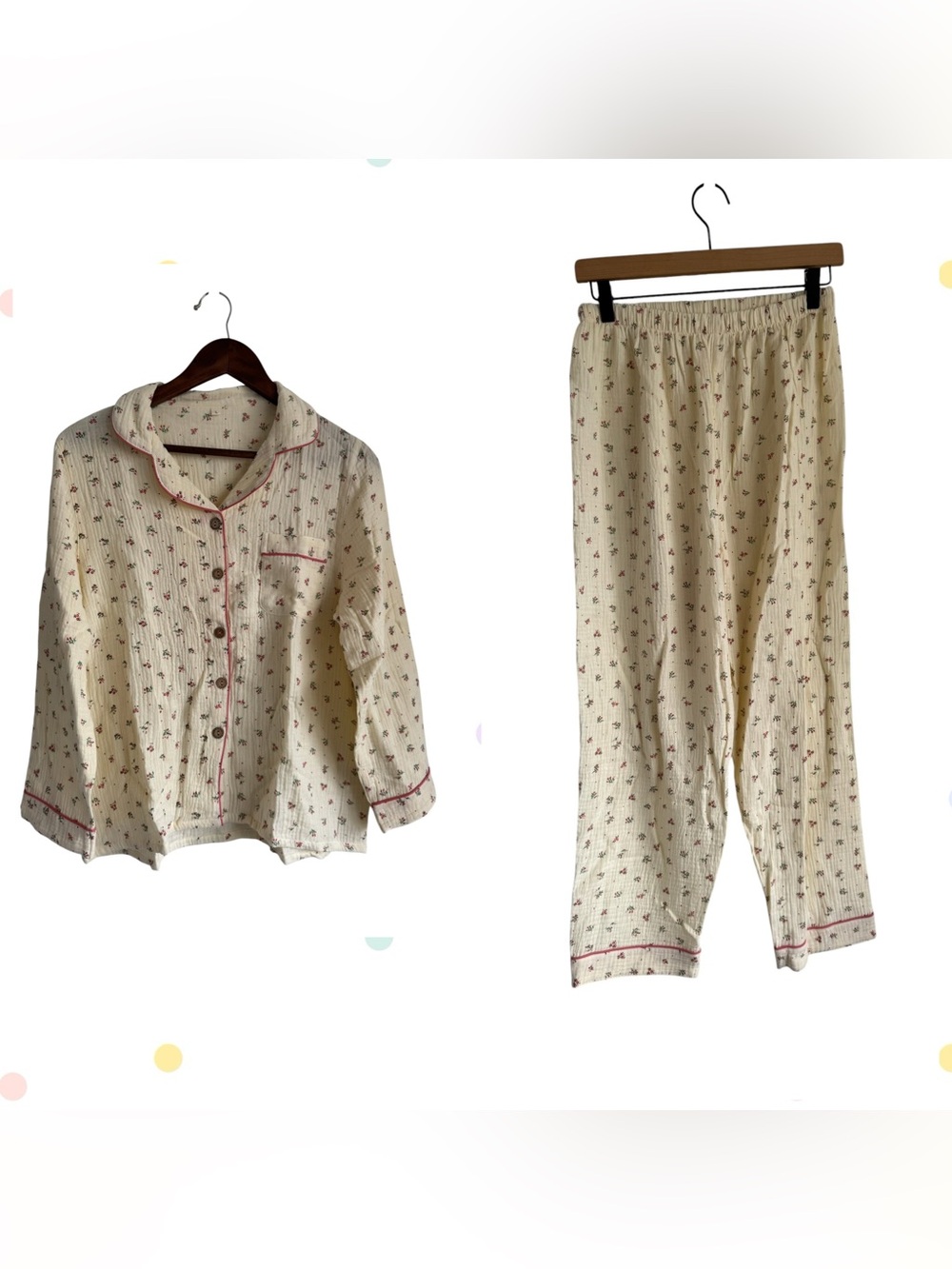 Two Piece Pajama Set Cream Floral Button-Up Women's Top with Pink Piping Size M